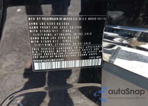 2020 Volkswagen Tiguan 2.0T Se/2.0T Se R-Line Black/2.0T Sel из США, поврежденный, VIN 3VV3B7AX5LM035504